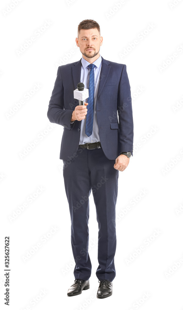 Male journalist with microphone on white background Male journalist with microphone on white background