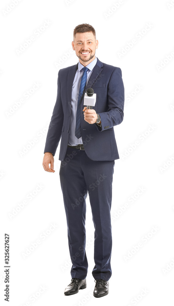 Male journalist with microphone on white background Male journalist with microphone on white background