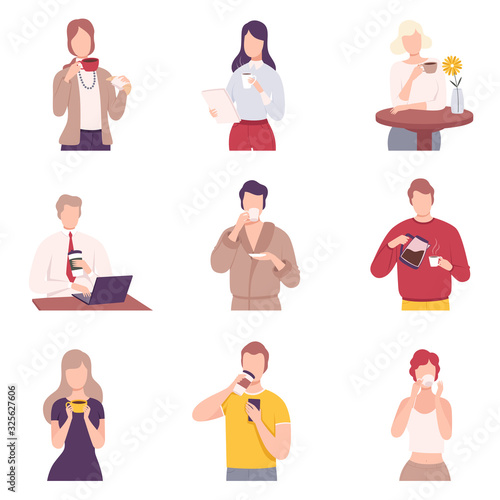 People Drinking Coffee Collection, Male and Female Characters Holding Tea Cups and Enjoying of Hot Drink Flat Vector Illustration