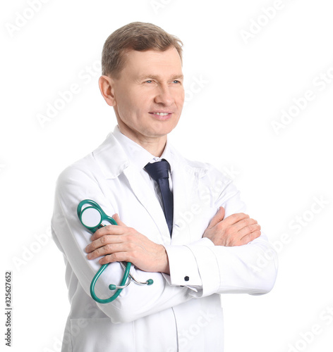 Male cardiologist on white ...