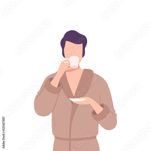 Young Man in Bathrobe Drinking Morning Coffee, Male Character Enjoying of Hot Drink Flat Vector Illustration