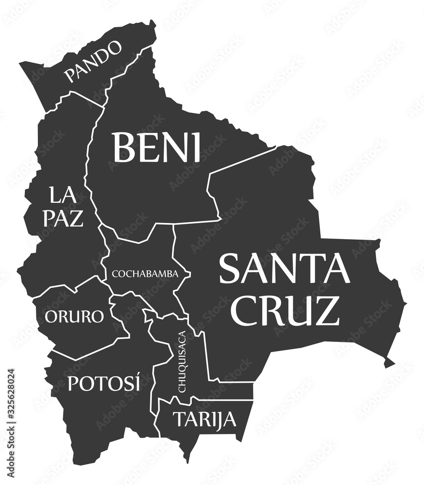 Bolivia map with departments and labels black