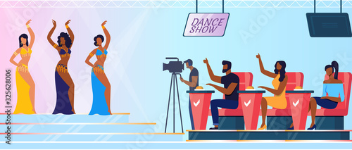 Amateur Talent Contest Flat Vector Illustration. Young Dancers Group and Judges Sitting in Chairs Cartoon Characters. Women in Elegant Dresses Perform Belly Dance, Oriental Artistic Number