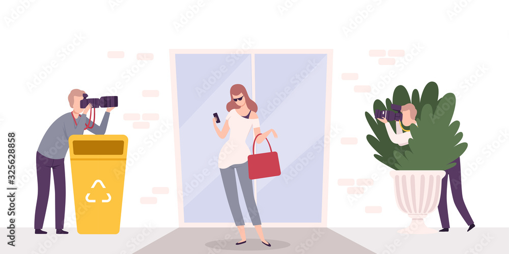 Paparazzi with Cameras Photographing Famous Elegant Beautiful Woman Flat Vector Illustration