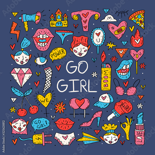 Go girl cute cartoon hand drawn doodle vector Funny colorful design. Isolated on dark background. Feminist symbols. Women's day. Women`s rights.
