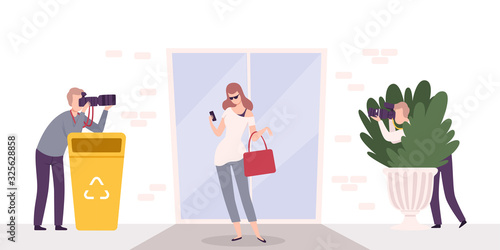 Paparazzi with Cameras Photographing Famous Elegant Beautiful Woman Flat Vector Illustration