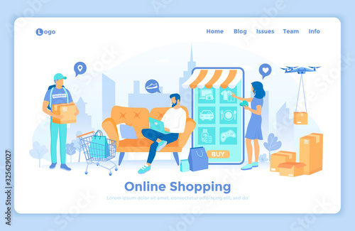 Online Shopping, Application, Service, Banking. People buy items online via phone and laptop. Home delivery service. landing web page design template decorated with people characters.