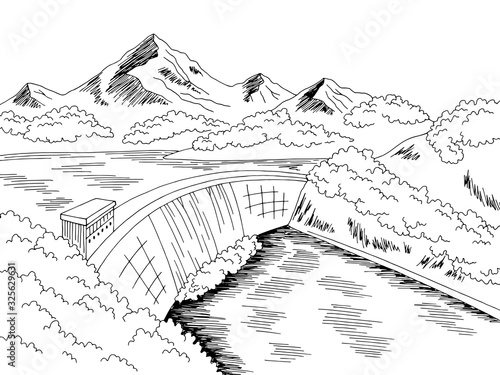 Dam hydropower river graphic black white landscape sketch illustration vector