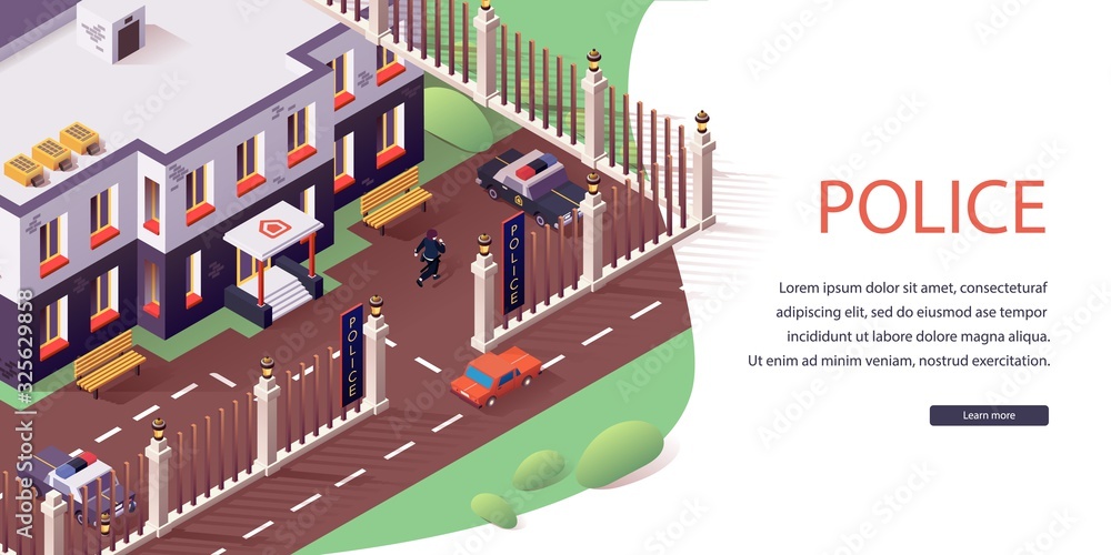 Website Police Service, Isometric Landing Web Page. Homepage Modern Police Station Building. Policeman Running to Police Car. Nameplates on Entrance. Red Car rides on Road. Vector Illustration
