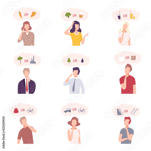 People Trying to Make Decisions Set, Men and Women Thinking about Environmental Protection, Healthy and Unhealthy Food and Lifestyle Flat Vector Illustration