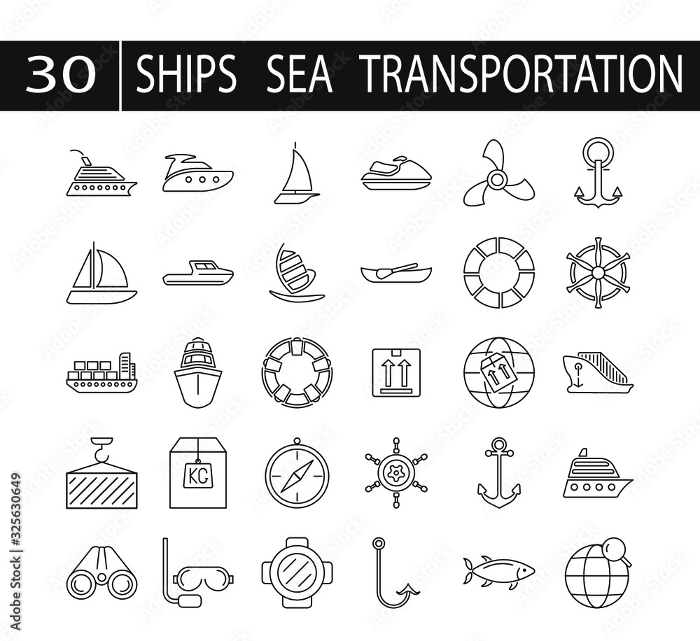  Boat balac and ship icons set Sailor Icons. Line With Fill Design.