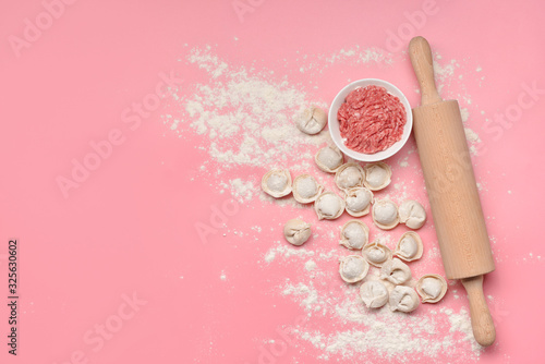 Raw fresh dumplings with rolling pin and meat on color background