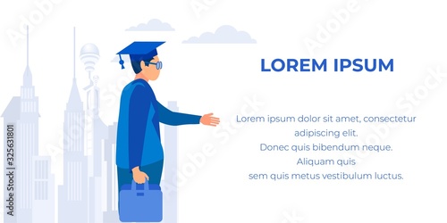 Cartoon Young Man Character Wearing Graduation Mantle and Academical Cap Stretching Hand for Handshake. Cityscape with Skyscrapers on Backdrop. Advertising Flat Banner with Text. Vector Illustration