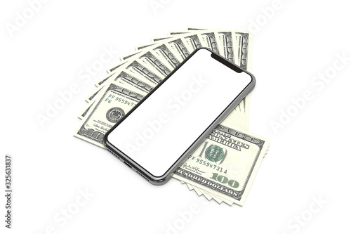 3D Rendering of Blank Full Screen Smart Phone on Hundred Dollar Banknotes