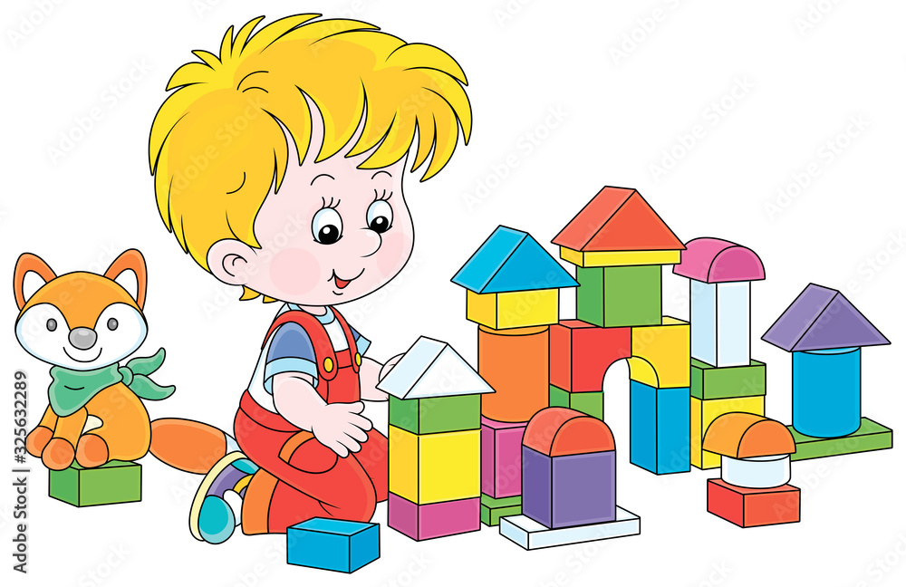 Little boy smiling, playing with color bricks and constructing a toy fortress for a game, vector cartoon illustration on a white background Little boy smiling, playing with color bricks and constructing a toy fortress for a game, vector cartoon illustration on a white background