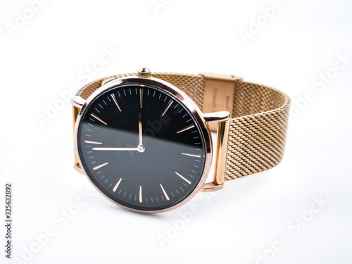 Gold watch with black dial. Women watch. Gold new bracelet.