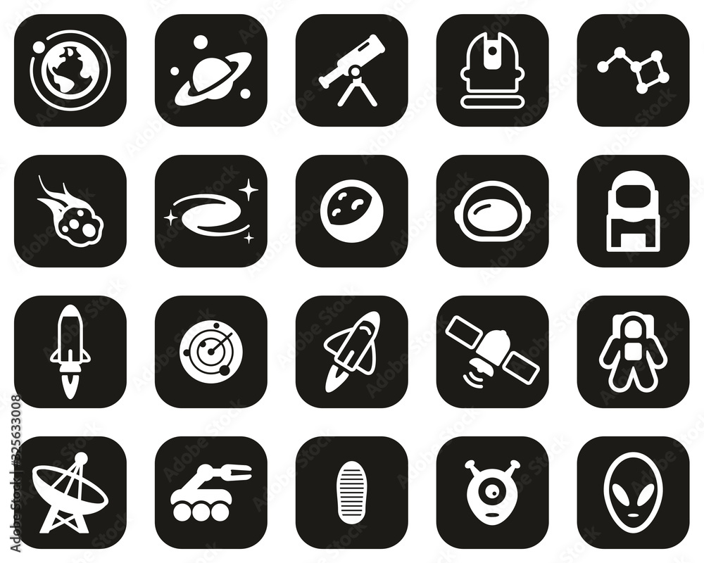 Space Or Space Mission Icons White On Black Flat Design Set Big Space Or Space Mission Icons White On Black Flat Design Set Big