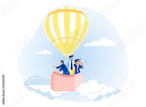 Fototapeta Naklejka Na Ścianę i Meble -  Cartoon Businessmen Characters Flying in Air Hot Balloon and Looking through Spyglass Metaphor. Exploration and Planning. Searching Business Solution and Strategy. Vector Flat Sky Illustration