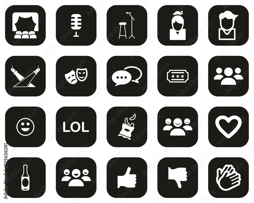 Stand Up Comedy Or Stand Up Show Icons White On Black Flat Design Set Big Stand Up Comedy Or Stand Up Show Icons White On Black Flat Design Set Big