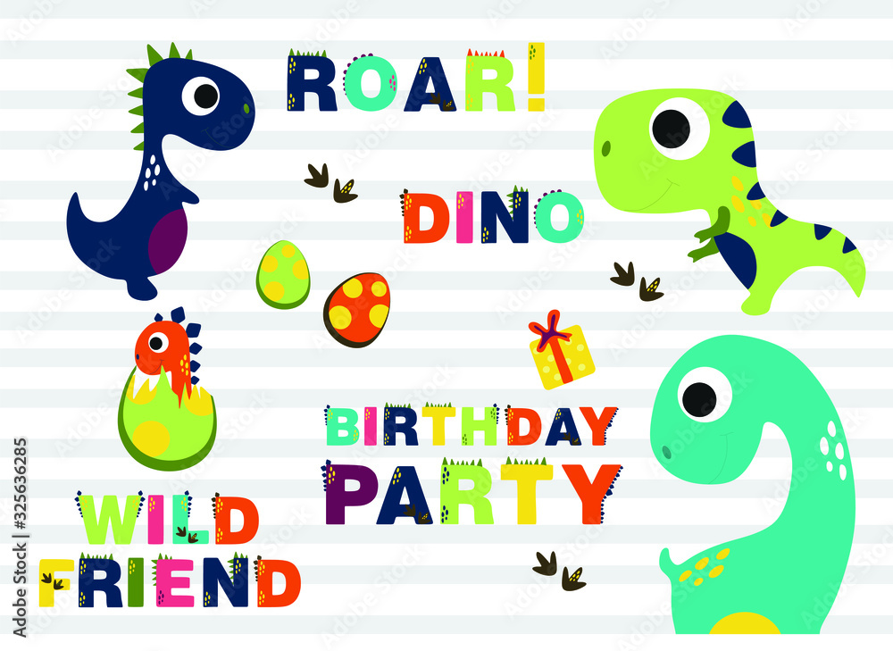 Fototapeta premium happy birthday dino, birthday poster with dinosaur, vector illustration with caption