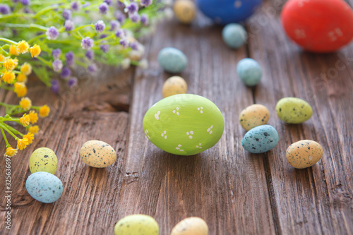 Easter eggs and spring flowers.