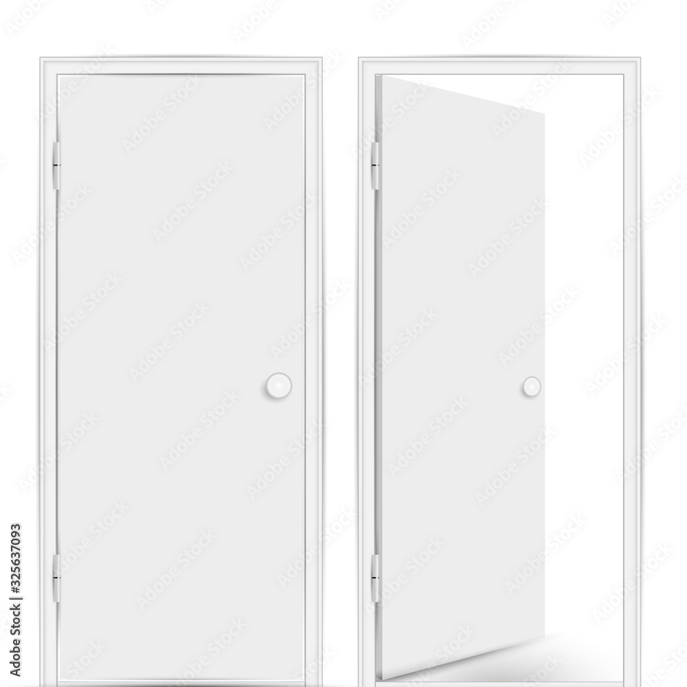 White vector doors. Realistic wooden doors, closed and open inside isolated on white background. White vector doors. Realistic wooden doors, closed and open inside isolated on white background.