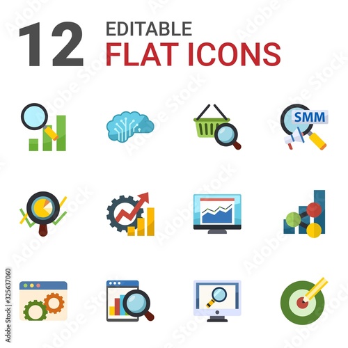 12 analytics flat icons set isolated on white background. Icons set with Semantic Analysis, AI Architecture, Marketing research, Marketing analytics, Productivity, Social Marketing icons.