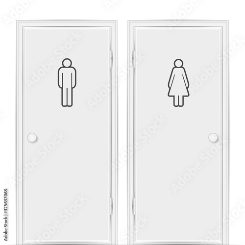 Realistic empty white toilet doors for male and female genders isolated on white background. Vector illustration.
