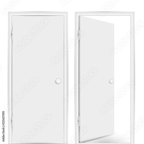 White vector doors. Realistic wooden doors, closed and open inside isolated on white background.
