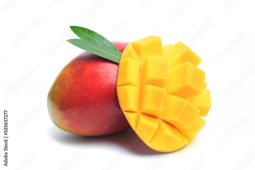 Mango fruit and mango cubes. Isolated on a white background. - Image Mango fruit and mango cubes. Isolated on a white background. - Image