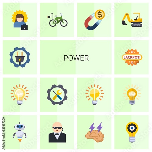 14 power flat icons set isolated on white background. Icons set with Electrical service, Idea, Repair service, Jackpot, successful woman, elektro bike, Attract, excavator icons.