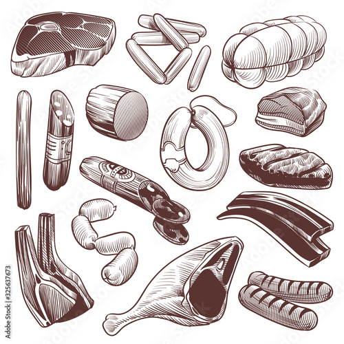 Hand drawn meat. Sketch meat products collection beef steak, pork fillet and veal bone, lamb and chicken, sausage and shank, vintage vector set