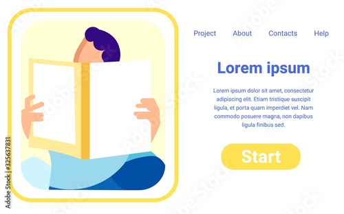 Young Man, Totally Absorbed in Reading Infomercial Brochure or Glossy Magazine. Starting Page Design Template for Trendy Online Project. Flat Vector Illustration with Copy Space for Your Text.