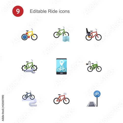 9 ride flat icons set isolated on . Icons set with bike sharing, Bike rental map, Bike Child seat, repair service, rental app, elektro tour, bicycle lane icons.