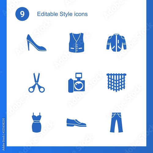 9 style filled icons set isolated on . Icons set with woman shoes, vest, jacket, Scissors, wedding photography, macrame, dress, Man shoes, jeans icons.