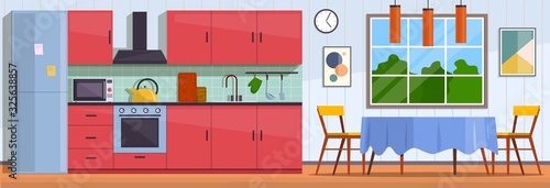 Kitchen. Interior with furniture, stove and cupboard. Fridge and table with chairs, kitchen appliances culinary decor flat vector design
