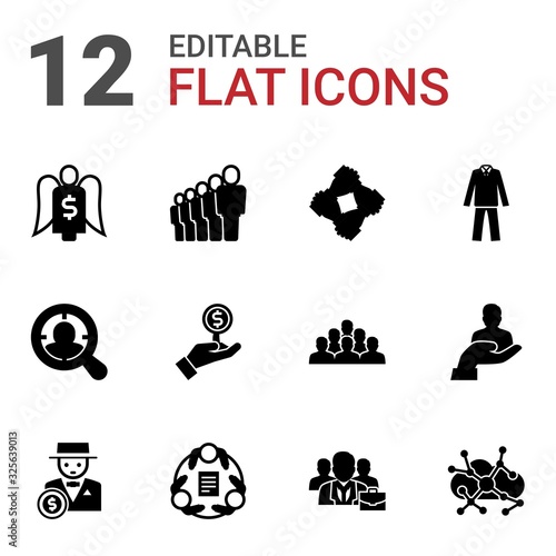 12 businessman filled icons set isolated on white background. Icons set with Angel investor, staff, start-up team, Target Audience, Investor, suit, rich man, teamwork, business people icons.