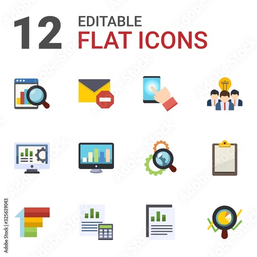 12 report flat icons set isolated on white background. Icons set with Web analytics, Spam, testing, Accounting software, SEO monitoring, Collaborative idea, Priority, Balance Sheet icons.