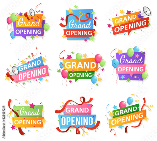 Grand opening. Festive event ceremony opening invitation, promo banner elements. Flyer with ribbon, megaphone and scissors vector labels