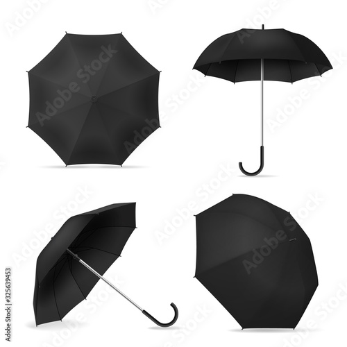 Black umbrella. Realistic blank parasols various positions open and top and front view for mockup, branding or advertising vector template