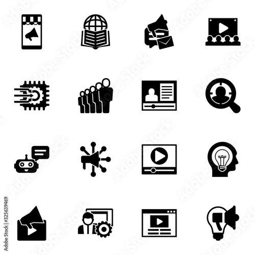 16 social filled icons set isolated on white background. Icons set with Mobile marketing, Affiliate Marketing, social media campaign, Machine learning, staff, eCommerce marketing icons.