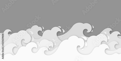 Paper waves. Water wave paper cut decor, beauty marine landscape. Curly ocean, sea waves in origami style wallpaper, vector background