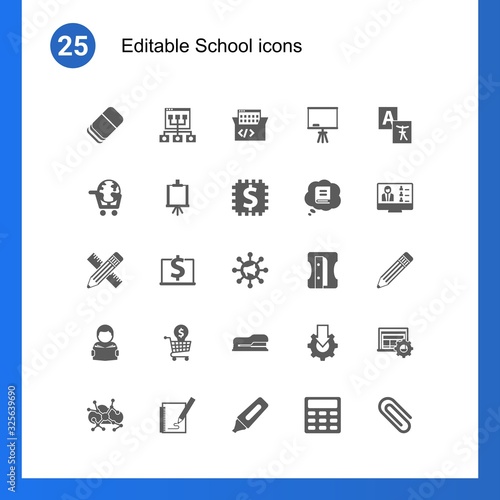 25 school filled icons set isolated on . Icons set with Eraser, Online coaching, Game-based Learning, eLearning, Easel, Blended Learning, Pencil & ruler, Computer-Based Training icons.