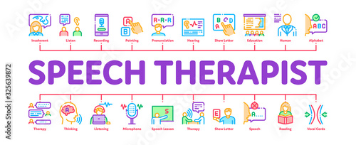 Speech Therapist Help Minimal Infographic Web Banner Vector. Speech Therapist Therapy, Alphabet And Blackboard, Phone And Microphone Illustrations