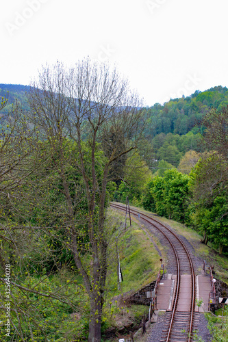 Vertical picture of the landscape outside of Loket, in Czech Republic, with green vegetation and old train tracks