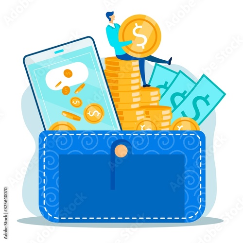 Cartoon Man Holding Coin Sits on Gold Dollars Stack. Flat Huge Wallet with Cash and Phone. Mobile Transfer and Financial Transactions. Easy Checkout and Money Management Vector Metaphor Illustration