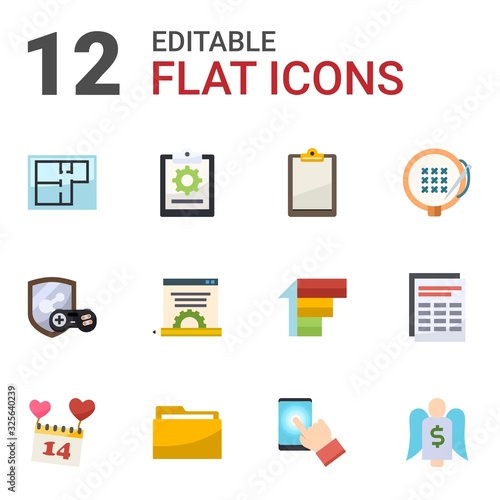 12 paper flat icons set isolated on white background. Icons set with Property plan, project, Clipboard, game clan, Blog management, embroidery, Valentines Day, Folder, testing icons.