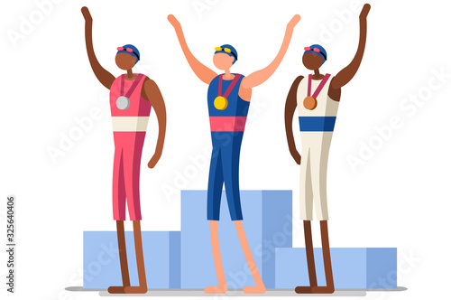 Crowd of persons celebrate summer games athletics medal. Sportive people celebrating swimming team. Swimmer athlete symbol on victory celebration. Sports cartoon symbolic flat vector illustration