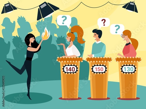 Talent Show Performance or Intellectual Quiz Game with Girl Dancing with Fire in Hands, People Stand at Tribunes with Scoreboards and Question Marks in Speech Bubbles. Cartoon Flat Vector Illustration