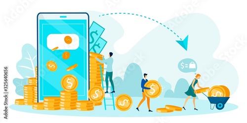 Cartoon People Group Carrying Cash Dollars. Flat Huge Mobile Phone Screen with Flowing Gold Coins. Financial Transaction and Currency Transfer. E-Wallet, Online Money. Vector Illustration